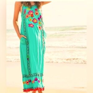 LULA SOUL 2x Embroidered Celebrate Maxi Dress Luxury Resort Wear 100% Cotton EUC